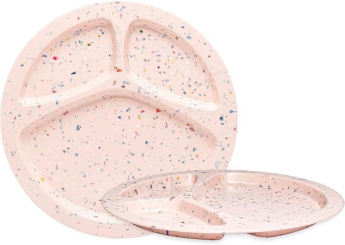 bzyoo 11-Inch Divided Plates Set of 2 - Confetti Pink BPA-Free, 100% Melamine Portion Control Plates with Dividers Unbreakable, Dishwasher Safe for Kids, Camping, BBQ Parties Fun