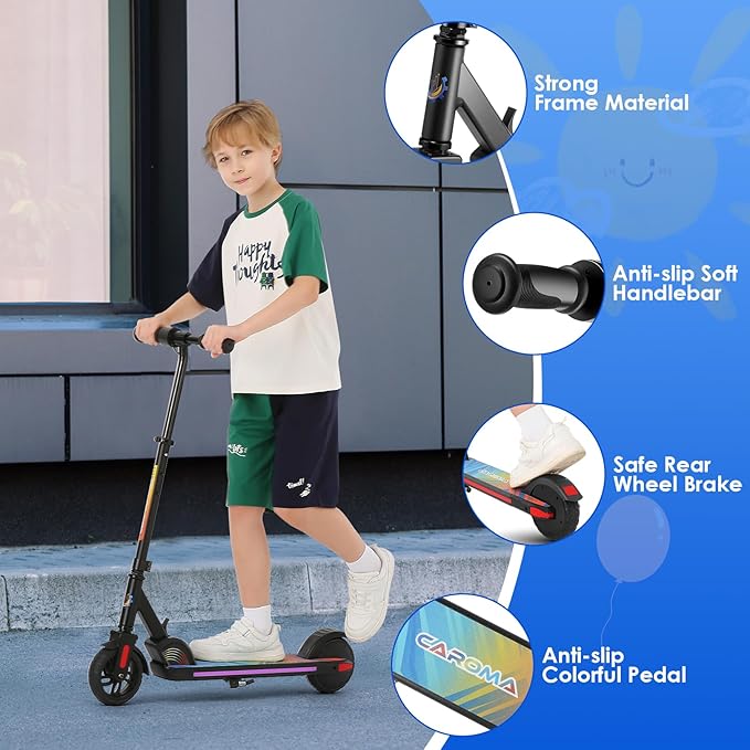 Caroma Electric Scooter for Kids Ages 6-14, 180W/150W Motor & 10 Mph, 85 Mins Ride Time, Adjustable Height & Speed, LED Display & Colorful Lights, Kids Electric Scooter, Best Gifts for Girls and Boy
