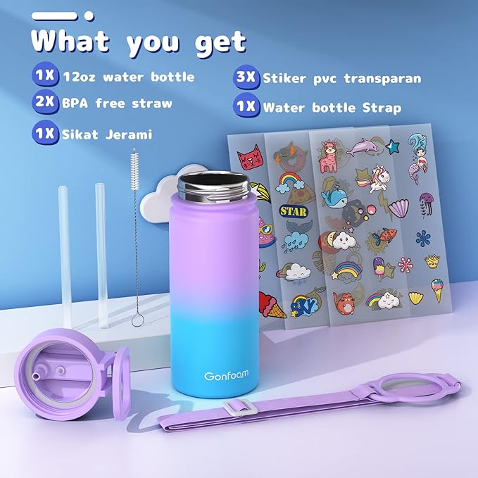 16oz Water Bottles with Straw and Stickers, Stainless Steel Vacuum Double Wall Insulated cup, Kids Water Bottle for School, Gifts for Girls(Purple and Blue)