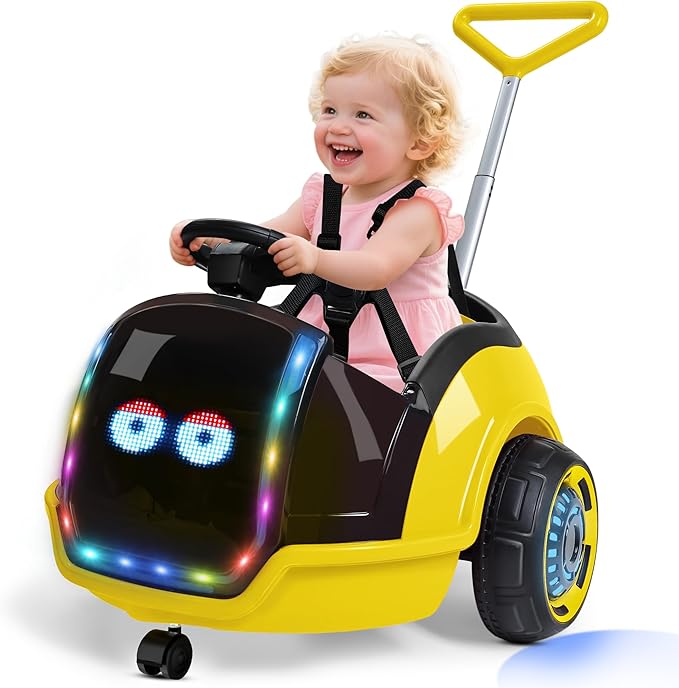 ANPABO 3-in-1 Electric Push Ride On Car, 12V Kids Ride On Toy w/Remote Control, 360° Spin, LED Display, Colorful LED Light, 5-Point Safety Belt, Music Player, Push Car for Toddler Ages 1-3 (Yellow)