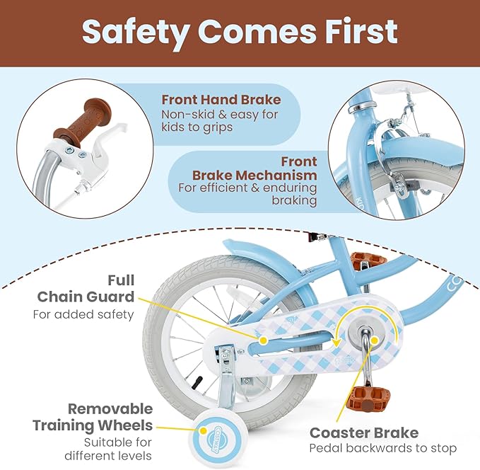 COSTWAY Kids Bike, 12 14 16 18 Inch Toddler Bike Children Bicycle w/Training Wheels, Hand & Coaster Brakes, Adjustable Saddle & Handlebar, Basket, Bell, Kids Bicycle for Girls Boys Aged 3-8 Years Old
