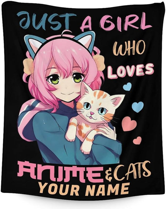 Personalized Girls Blanket with Name - 50x40 Inches Small Just A Girl Who Loves Blankets for Kids, Teens, Cat Lovers - Black Soft Plush Cozy Throws for Couch, Travel & Camping