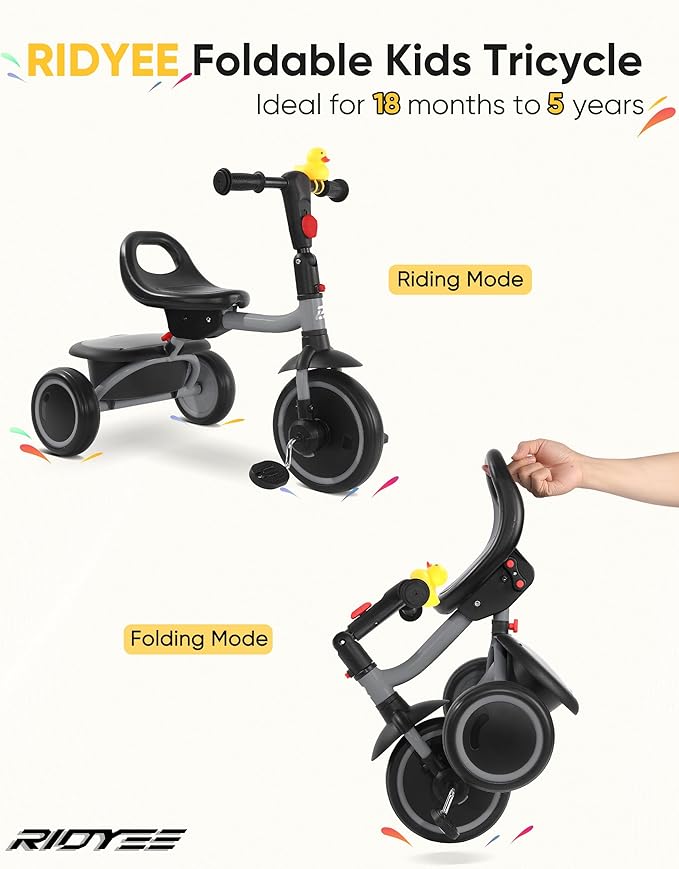 Toddler Tricycle for 18 Months to 5 Years, Foldable Tricycles for 3-5 Year Olds, Kids Tricycle with Adjustable Carry-Friendly Ergonomic Seat and Covered Large Basket, Grey