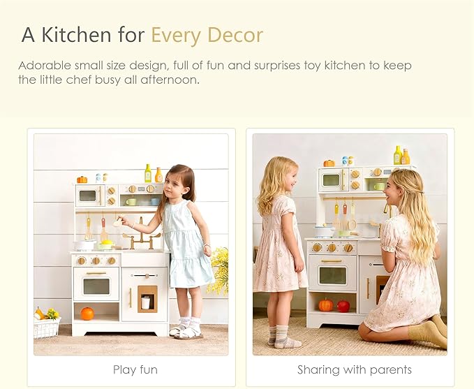 Wooden Play Kitchen for Kids with Ice Maker — Small White Pretend Kitchen Set with Sink, Stove, Oven & Microwave, Utensils and Storage, Montessori Role-Play Toy, Gift for Toddlers Ages 3+