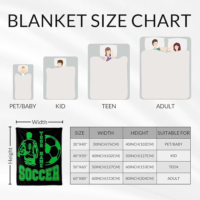 Personalized Soccer Throw Blanket with Name - Soft, Fuzzy & Warm - 60x80 Inches Twin Size Blanket for Couch, Office - Green Funny Throw Gift for Boys, Men