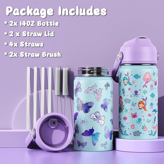 14oz Kids Insulated Water Bottle with Straw Lid - 18/8 Stainless Steel Kid Cup Travel Tumbler Double Wall Vacuum Leak Proof Portable Toddler Water Bottle (Butterfly+Mermaid）