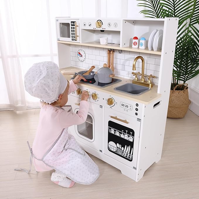 OOOK Kids Play Kitchen Set with Plenty of Features, Sink, Oven, Stove, Dishwasher, Coffee Maker, Ice Maker and Microwave, Play Kitchen Sets for Kids Ages 4-8