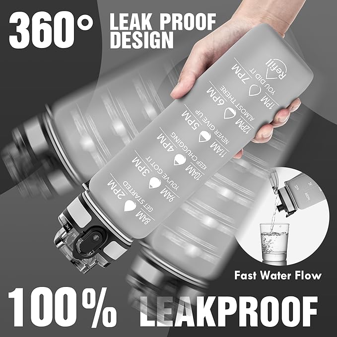 OLDLEY Water Bottle, 32oz Motivational Sports Water Bottle with Time Marker - Times to Drink - Tritan, BPA Free, Wide Mouth Leakproof, Grey Misty (1 Bottle)