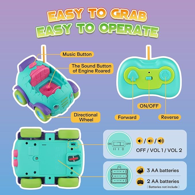 Nueplay Remote Control Car for Toddler Age 2 3 4 5, Electric RC Toys with Light & Music, Toddler Dinosaur Toys, Dino Figures Truck Race Vehicles, Birthday Gift for Boys & Girls, 2 Pack Playset