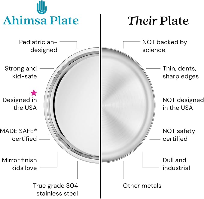 Ahimsa Stainless Steel Plates for Kids, 9" Polished Non Divided Stainless Steel Plate, Pediatrician Designed & Non Toxic, Unbreakable, Dishwasher Safe, Set of 4 Classic Silver