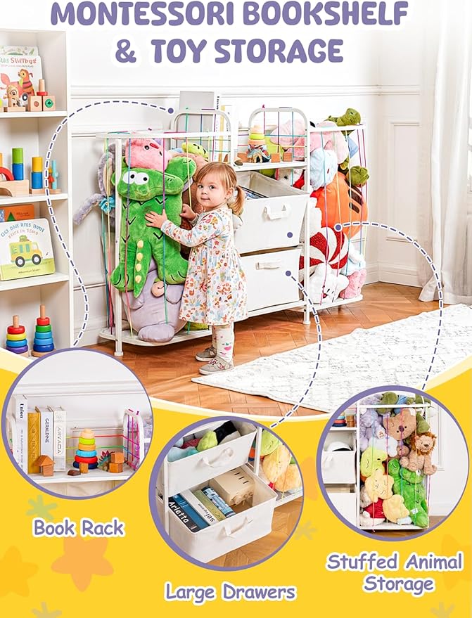 VBABY Kids Bookshelf and Toy Storage, Large 3-in-1 Book Shelf for Kids Rooms, Toddler Stuffed Animal Zoo, Toy Storage Organizer for Playroom, Montessori Bookshelf for Nursery, White