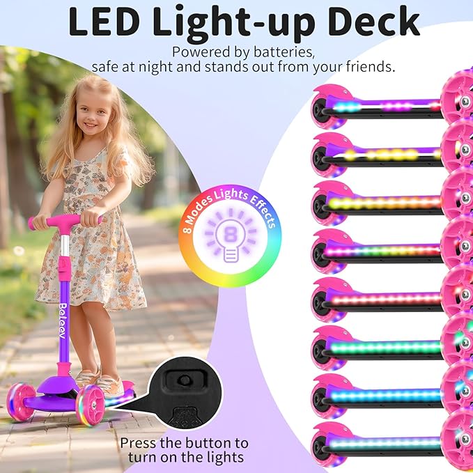 BELEEV A9 Kids Scooter with LED Light-Up Wheels & Deck, 3 Wheel Folding Scooter for Toddlers Girls Boys Ages 3-12, Adjustable Handlebar, Lean to Steer, Extra-Wide Wheels, Kick Scooter for Children