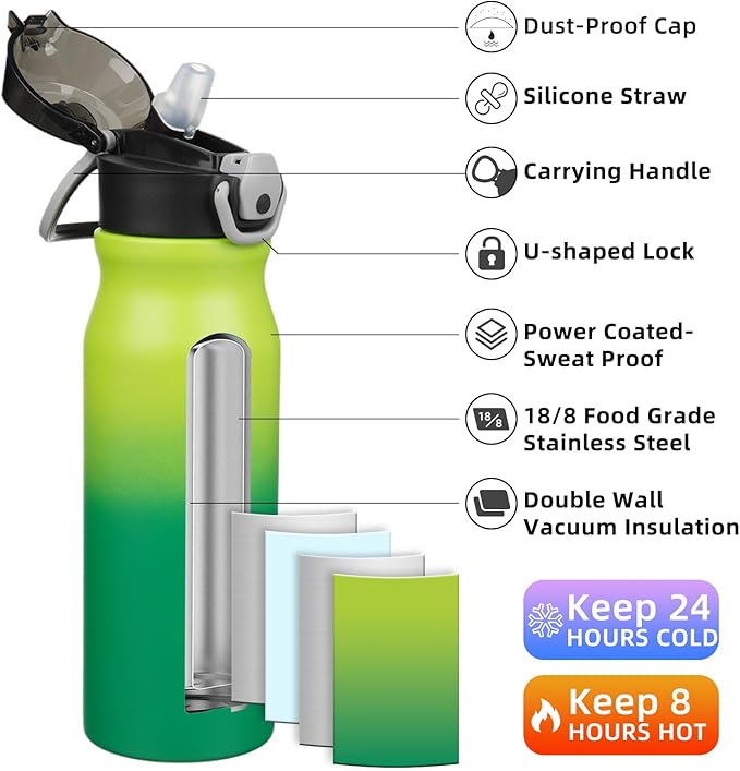 BJPKPK 25oz Insulated Water Bottle with Straw Stainless Steel Double Wall Water Bottles BPA Free Leak Proof Thermal Flask with Lockable Flip Lid and Soft Silicone Spout,Bamboo Grove