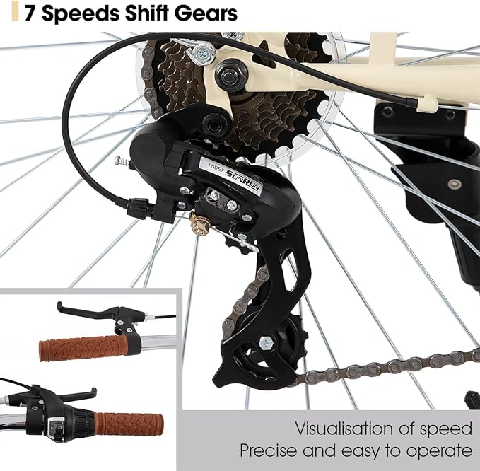 HILAND 26 inch Beach Cruiser Bike for Men and Women, 7 Speed Step-Through Frame Adult Bicycle with Rear Rack, Retrospec Bike Commuter City Bicycle