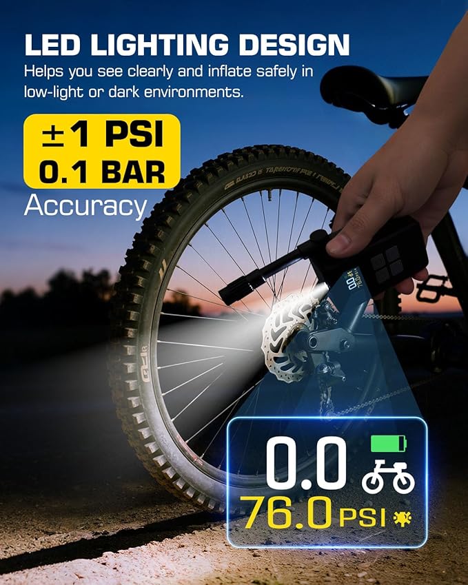 Mini Electric Bike Pump, 29s Fast Inflation, 150PSI Portable Bike Air Pump with Pressure Gauge, Presta and Schrader Valves, Suitable for Road Bikes, Mountain Bikes, Motorcycles, and Balls