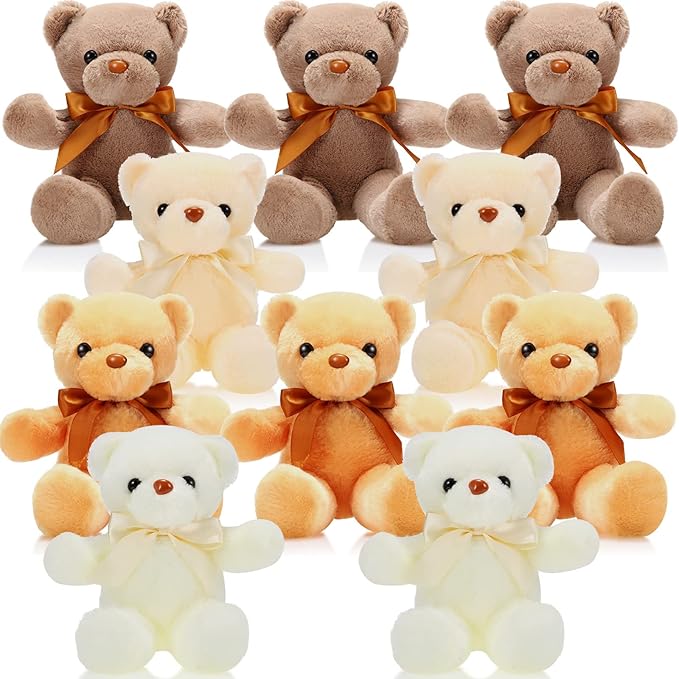 Skylety 10 Pieces Bears Bulk Stuffed Animals Soft Plush Toy Gift Bears with Ribbon Bow for Boys Girls Birthday Wedding Baby Shower Party Favor(Vivid Colors)