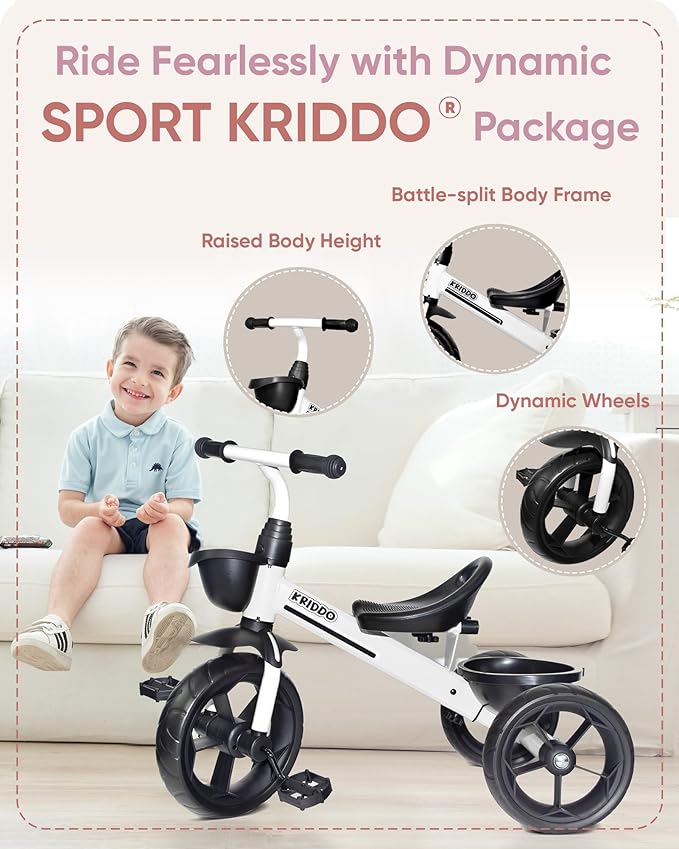 KRIDDO Kids Tricycles Age 24 Month to 4 Years, Toddler Kids Trike for 2.5 to 5 Year Old, Gift Toddler Tricycles for 2-4 Year Olds, Trikes for Toddlers, Sporty Styling, White