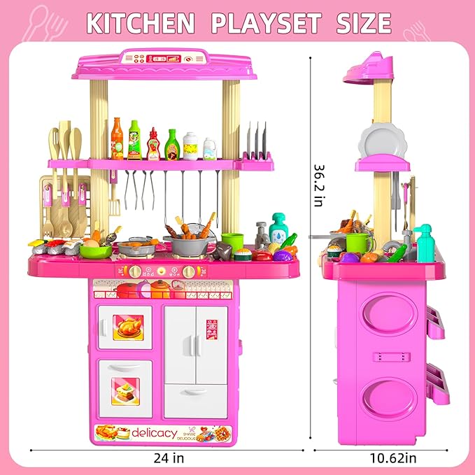Pretend Play Kitchen Toys for Kid Ages 2-6 4-8, 2 Sided Kitchen Toys with Light, Sound and Spraying, Sink Toy Accessories, Cooking Stoves, Food Toys for Toddlers 1-3 3-5 Boys Girls 6-12 (Pink)
