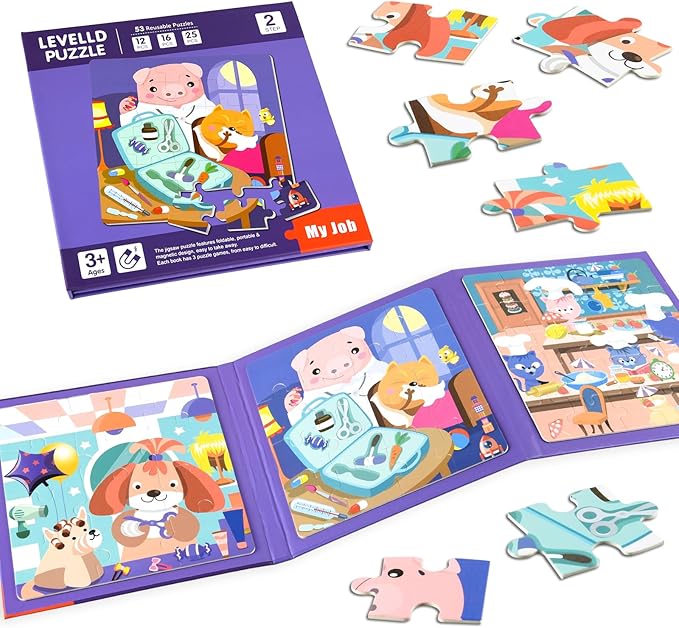 ASTARON Magnetic Puzzles for Toddlers, 12-16-25 Pieces Hairdresser/Doctor/Chef Learning Magnet Puzzles for Road Trip, Educational Travel Toys Car Plane Activities for Kids, Kids Birthday Gifts