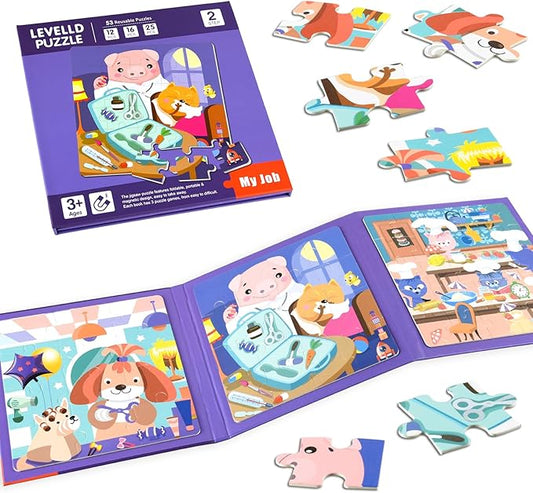 ASTARON Magnetic Puzzles for Toddlers, 12-16-25 Pieces Hairdresser/Doctor/Chef Learning Magnet Puzzles for Road Trip, Educational Travel Toys Car Plane Activities for Kids, Kids Birthday Gifts