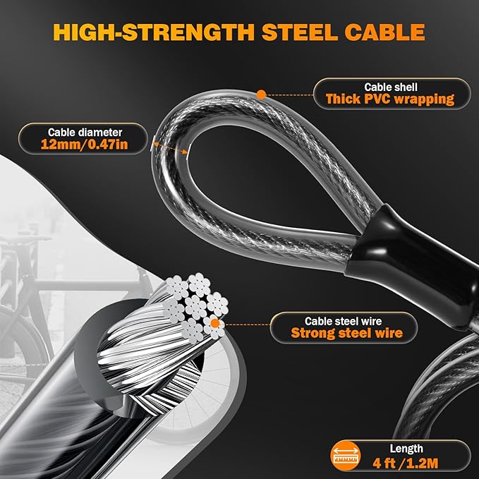 Bike Lock, Heavy Duty Bicycle Locks Anti Theft with Security Steel Cable, 4-Digit Resettable Combination U Lock 16.5mm Shackle, Combo Long Bike U Lock Keyless for Bike MTB Road Outdoor & Door