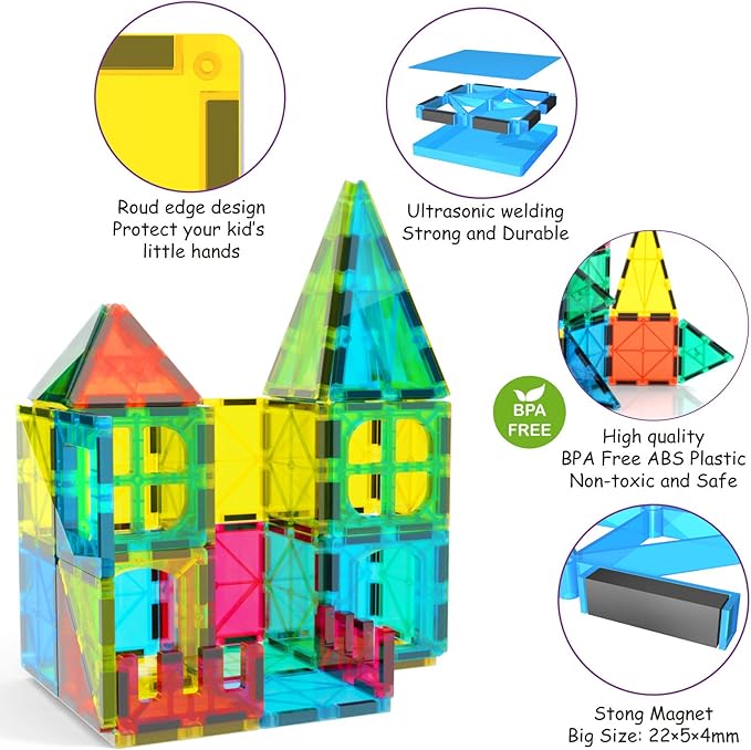 Jasonwell Magnetic Tiles Kids Magnetic Blocks 60PCS Building Sets 3D Magnet Toys Preschool Educational Construction STEM Toy Christmas Birthday Gifts for Toddlers Boys Girls 3 4 5 6 7 8 9 + Year Old