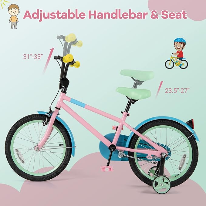 BABY JOY Colorful Macarons Kids Bike, 12 14 16 18 Inch Sporty Children's Bicycle with Training Wheels, Adjustable Handlebar & Saddle, Handbrake & Coaster Brake, Boys Girls Bike for 3-8 Years Old