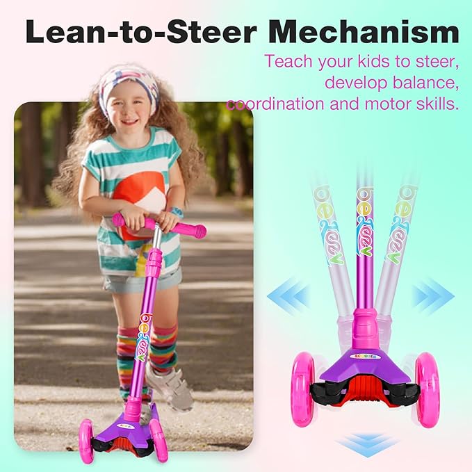 BELEEV Scooters for Kids 3 Wheel Kick Scooter for Toddlers Girls Boys, 4 Adjustable Height, Lean to Steer, Light up Wheels, Extra-Wide Deck, Easy to Assemble for Children Ages 3-12 (Rose Pink)