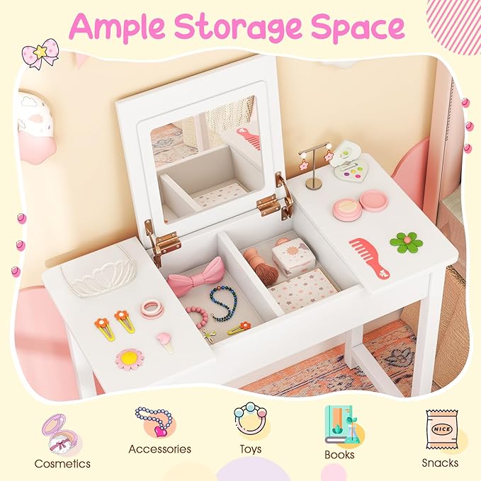 Costzon Kids Vanity, 2 in 1 Girls Vanity Set with Flip Top Mirror, Hidden Storage Space, Wooden Toddler Makeup Vanity Desk Dressing Table, Kids Vanity Table and Chair Set (White)