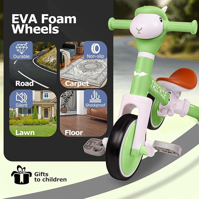 Tricycle for Toddlers 1-5 Year Olds, Toddler Balance Bike for Boys Girls 2-4, Toddler Tricycle with Light & Music Front, Kids Bicycle with Removable Pedal, Birthday Gifts for 1 2 3 4 5 Year (Green)