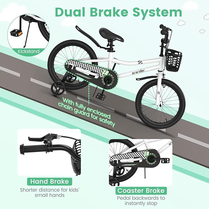 BABY JOY Kids Bike, 12 14 16 18 Inch Children Bikes for Boys Girls Age 3-8 Years w/Training Wheels, Handbrake, Coaster Brake & Removable Basket, Kids Bicycle of Multiple Colors