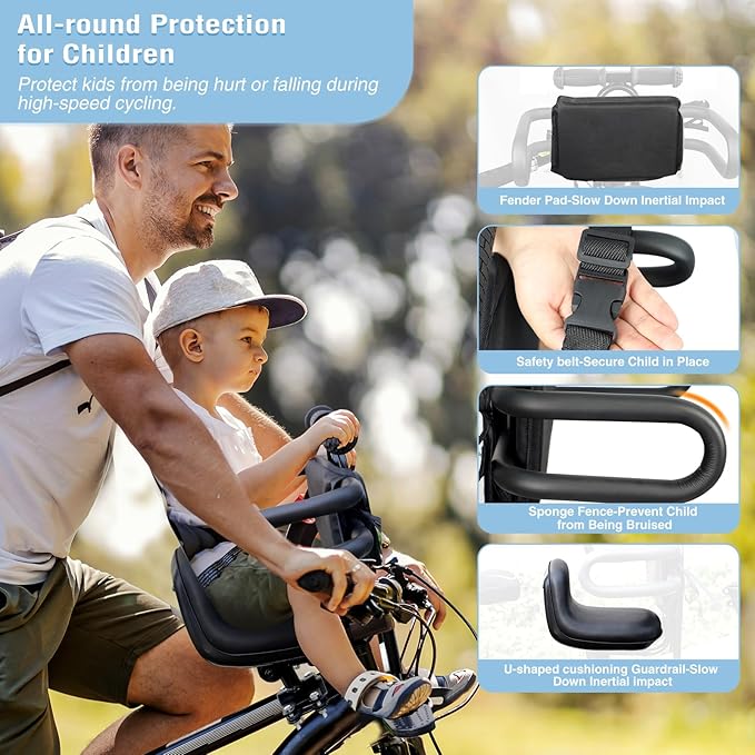 Child Bike Seat - Front Mount, Kids Bike Seat for Adult Bike,Retractable Baby Bike Seat Front Mounted, Toddler Bike Seat for Children 8 Months~4+ Years Old, Brown/Black