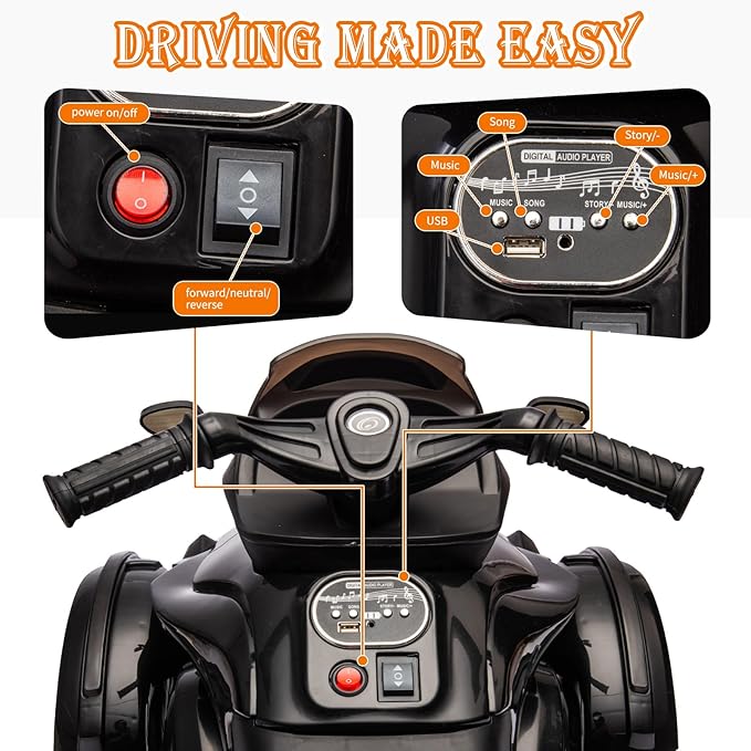 Xinyonxin 12V Kids Electric ATV, 3-Wheeler Motorcycle Ride on Toys for Toddlers w/Music, LED Lights, USB, One-Button Start, Forward/Reverse, Electric All-Terrain Car, Gift for Age 3+ (Black)