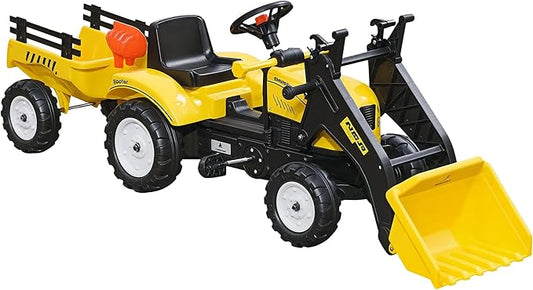 Aosom Kids Ride-On Excavator, Pedal Car Bulldozer, Move Forward/Back with Real Working Dirt Bucket, 6 Wheels, & Cargo Trailer