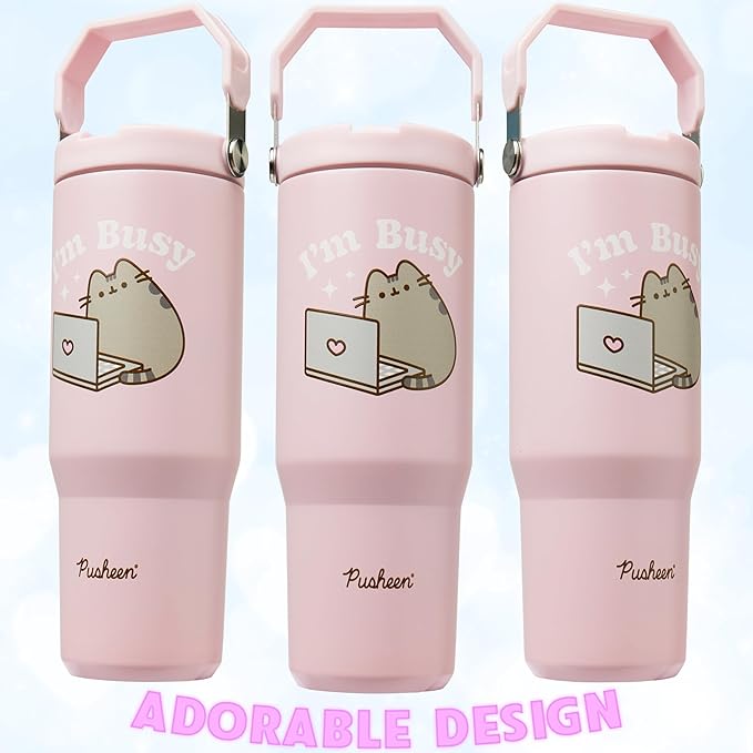 Get Trend Pusheen Tumbler Stainless Steel with Straw 30oz Girls Teens Women Insulated Cup with Lid Travel Mug for School Sports Cute Gifts for Girls (Pink Pusheen)