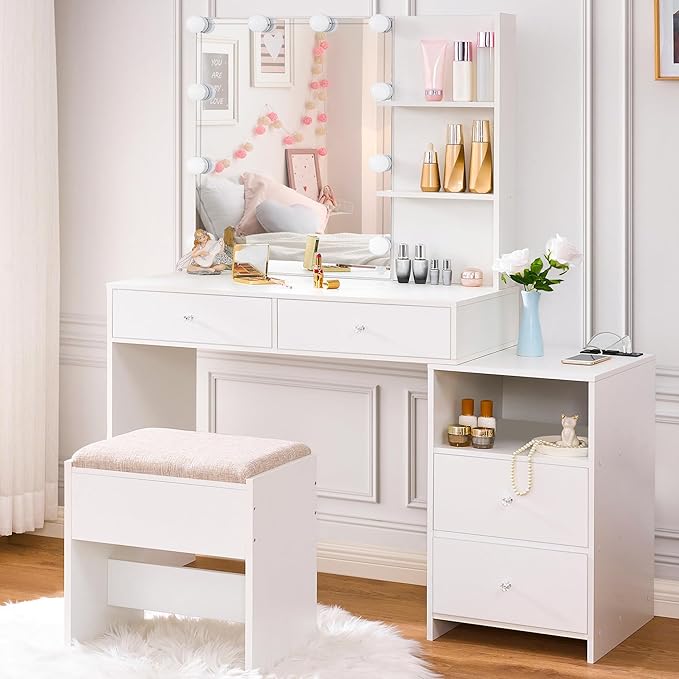 ANWBROAD Makeup Vanity Desk with Mirror & 10 LED Lights Big Vanity Set with Charging Station, Nightstand, Drawers, Storage Shelves, Stool, Bedroom Dressing Table for Women Girls White UBDT13W