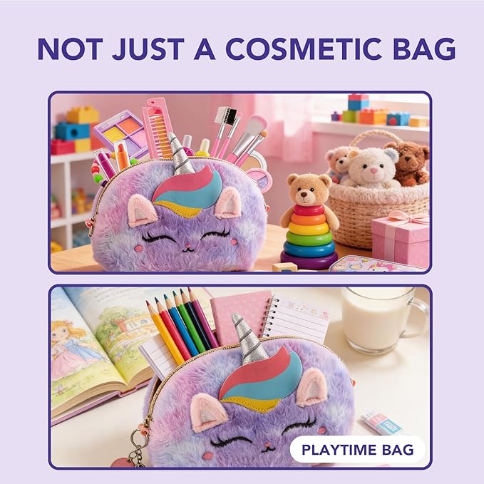 21 Pcs Kids Makeup Kit for Girls with Oversized Fluffy Unicorn Travel Makeup Organizer, Washable Pretend Cosmetic Play Set with Portable Vanity Makeup Bag, Princess Make Up Gifts for Girls Ages 3–12