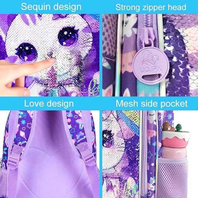 CCJPX 16" Cat Backpack for Girls, 3Pcs Kids Preschool Bookbag, Cute Water Sequin Resistant School Bag for Teen Kindergarten Toddler (Purple)