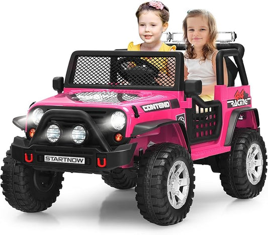 Costzon 2-Seater Ride on Truck, 12V Battery Powered Electric Vehicle w/Remote Control, 2 Speeds, Spring Suspension, LED Light, Horn, Music/ MP3, 2 Doors Open, Ride on Car for Kids (Pink)