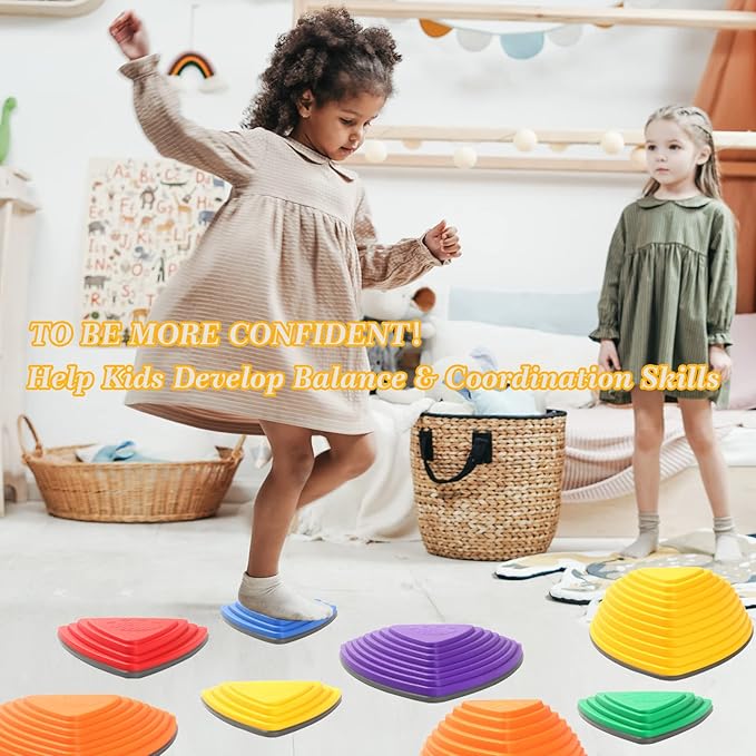 makarci Stepping Stones for Kids 12pcs Obstacle Courses Play Indoor Outdoor, Full Rubber Rim Plastic Hilltop for Kids Balance and Integration Improvement Age 3 4 5 6 7 8 + (Forest)