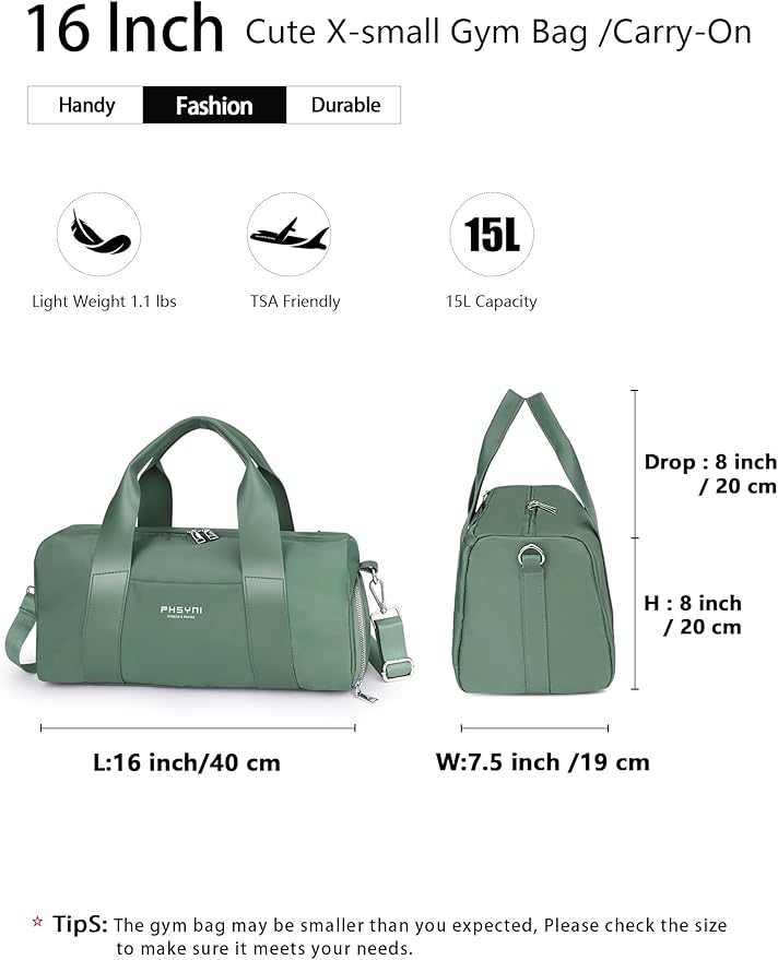 Compact Sports Gym Bag for Women, Cute Mini Duffle Bag with Wet Pocket & Shoes Compartment, Personal Item Travel Workout Bag, 16"-Small, Green