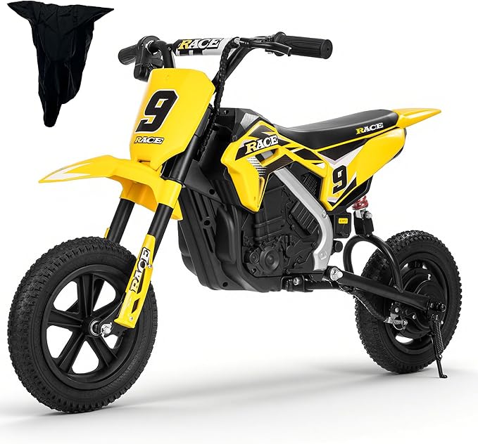 24V Electric Dirt Bike for Kids, 250W Electric Motorcycle Up to 11 MPH & 10 Miles Long-Range, Twist-Grip Throttle, 12" Knobby Tires, Spring Suspension, Music, Yellow (with Cover)
