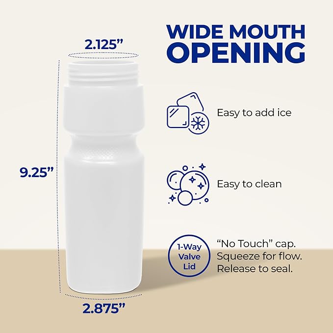 Rolling Sands USA Made 24 oz Sports Squeeze Water Bottles, 8 Pack, BPA-Free, Easy Drink One Way Flow Valve, Fits Most Bike Cages, Dishwasher Safe, Durable, Reusable and Lightweight, Clear Frost