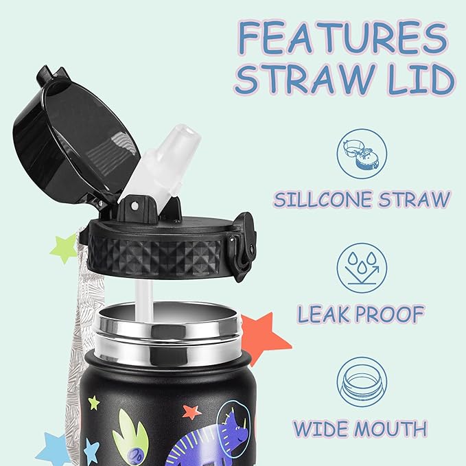 GOPPUS Kids Water Bottle (Straw Lid) - 18 Oz Stainless Steel Travel Bottle, Double Wall Vacuum Leak Proof Kids Cup for School Boys Girls,Space dinosaur