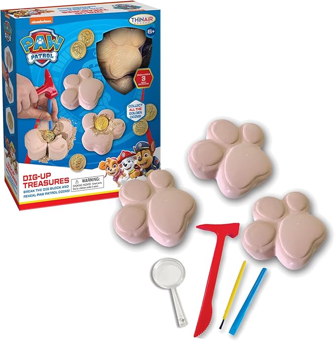 PAW Patrol Dig-Up Treasures Kit – 3 Dig Blocks with Hidden Golden Coins – Includes Chisel, Brush, Hammer & Magnifying Glass –STEM Archaeology Toy for Kids Ages 6+