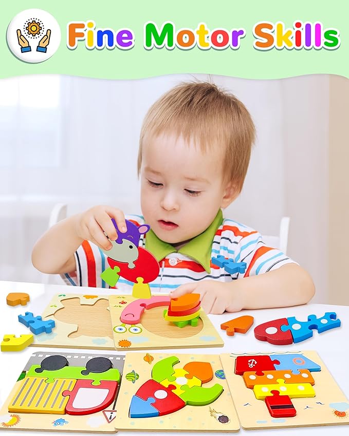 Yetonamr Wooden Toddler Puzzles Gifts Toys for Boys Girls, 8 Vehicle Shape Montessori Toy Educational Blocks Kids Toys Gift Baby Learning Toy