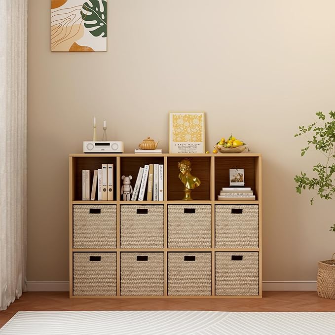 12-Cube Storage Shelf Bookcase - Wooden 3-Tier Floor Standing Open Bookshelf for Home and Office, Display Cabinet, Oak