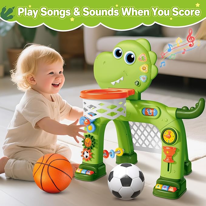 Toddler Basketball Hoop & Soccer Goal Toy,Dinosaur Toys with Light & Music,Musical Toys for 1 Year Old Boy Girl Learning Toy for Toddlers 1-3 Birthday Gifts for 1 Year Old Boys
