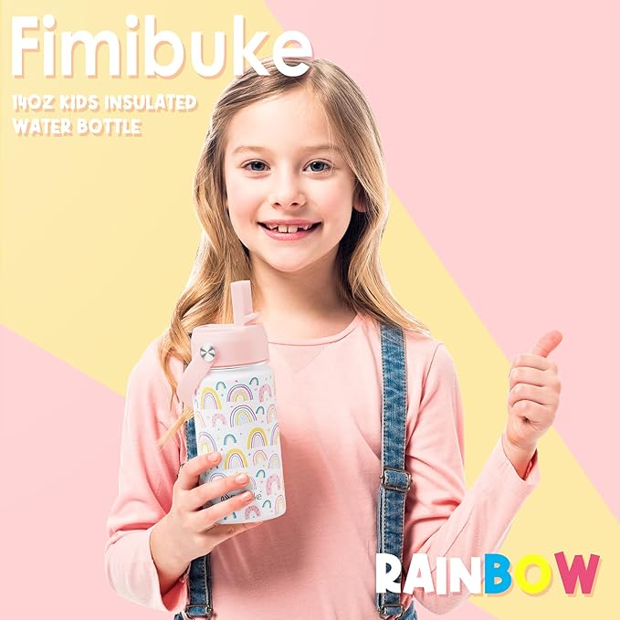 Fimibuke Kids Insulated Water Bottle, 14oz BPA FREE 18/8 Stainless Steel Travel Tumbler Double Wall Vacuum Leak Proof Kids Cup with Straw Metal Water Bottle for School Boys Girls(1 Pack, Rainbow)