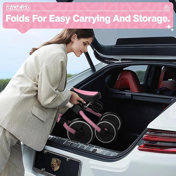 Ridego 5 in 1 Tricycle for Toddlers 3-5 Years Old,Foldable Toddler Bike with Push Handle and Cup Holder, Ideal Balance Bike and Birthday Gifts for 2 3 4 5 Year Old Boys Girls,Pink